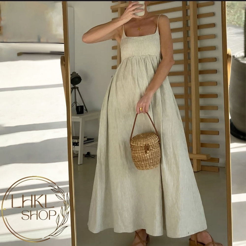 ETSY Casual 100% Linen Beige Maxi Dress